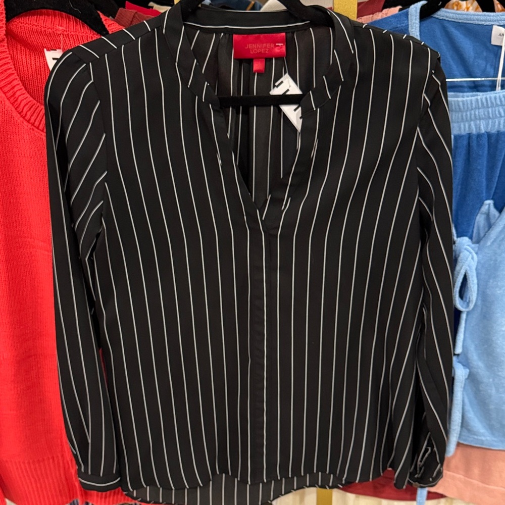 Jennifer Lopez Black and White Pinstripe V-Neck Blouse
